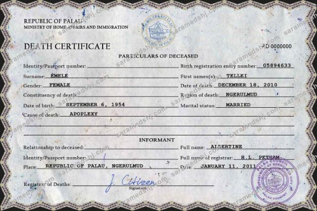 Palau death certificate PSD template